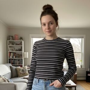 Subdued Black White Burgundy Striped Long Sleeve Parisian Chic Top Small